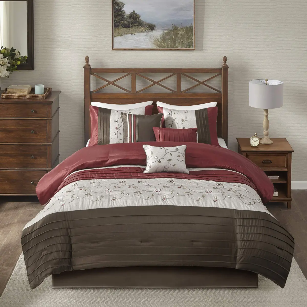 Madison Park Faux Silk Floral Embroidered Comforter Set, 7PC King | Elegant Floral Design with Soft Shine - view 3