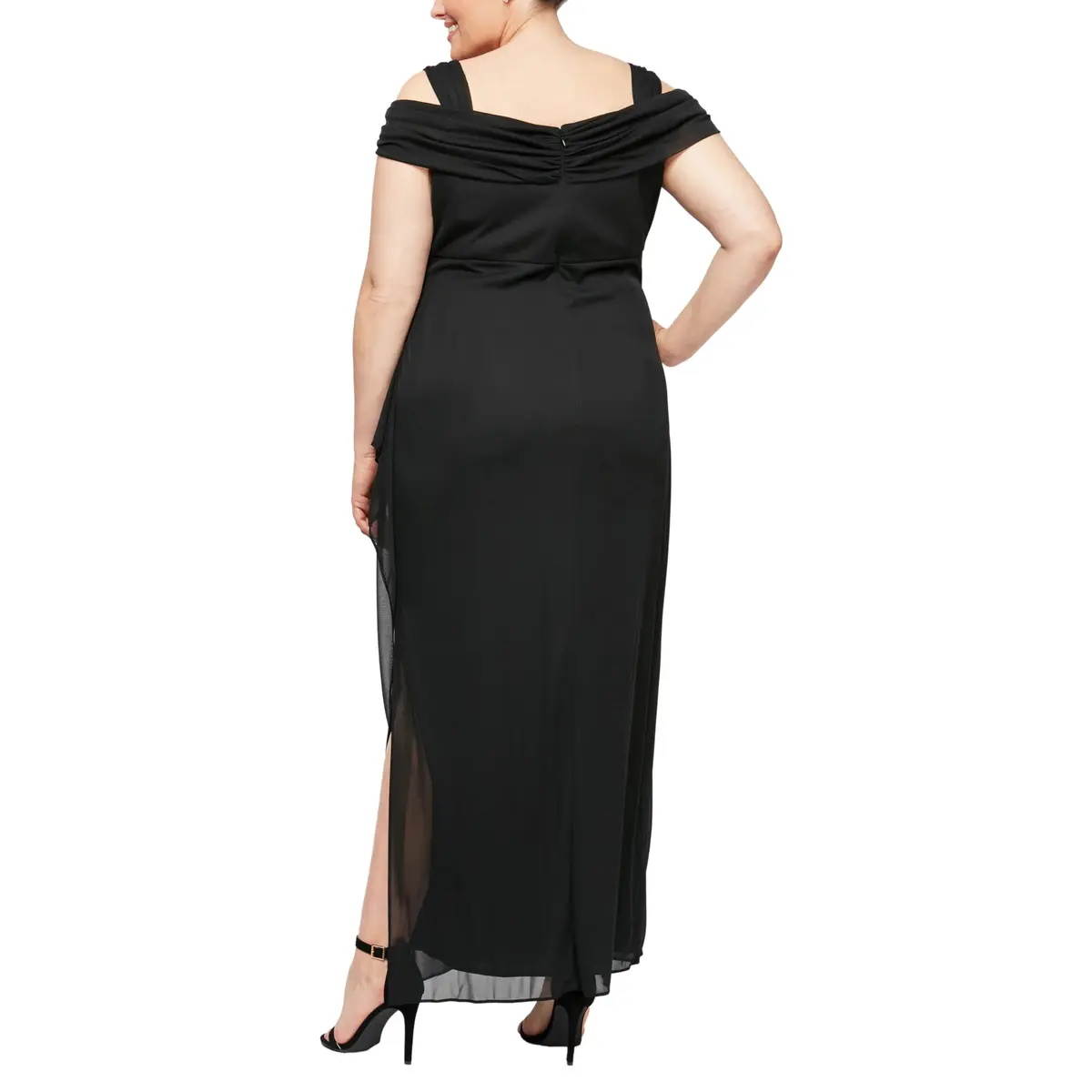 Alex Evenings Plus Size Long Cold Shoulder Dress with Ruched Skirt | Elegant Evening Wear for Women - view 2