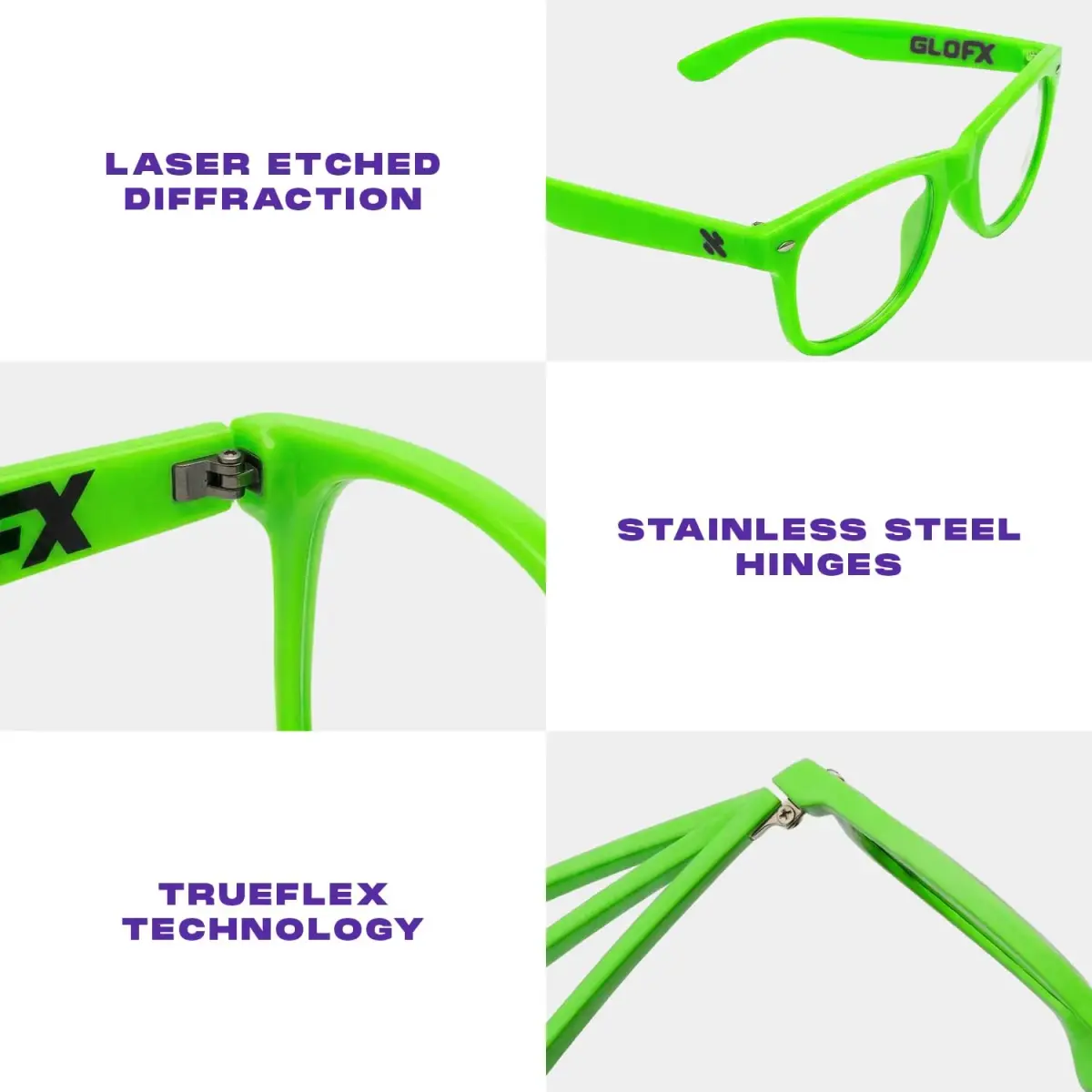 GloFX Ultimate Diffraction Glasses - Black Frame, Rainbow Lens | Lightweight & Durable — Green / Line - view 4