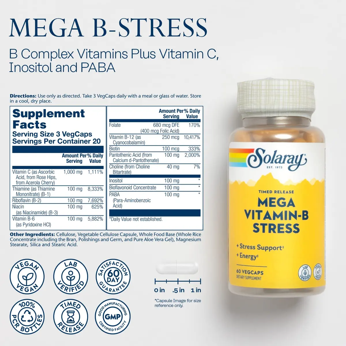 SOLARAY Mega Vitamin B-Stress 60 VegCaps | Timed-Release B Complex with 1000 mg Vitamin C for Stress & Energy - view 3