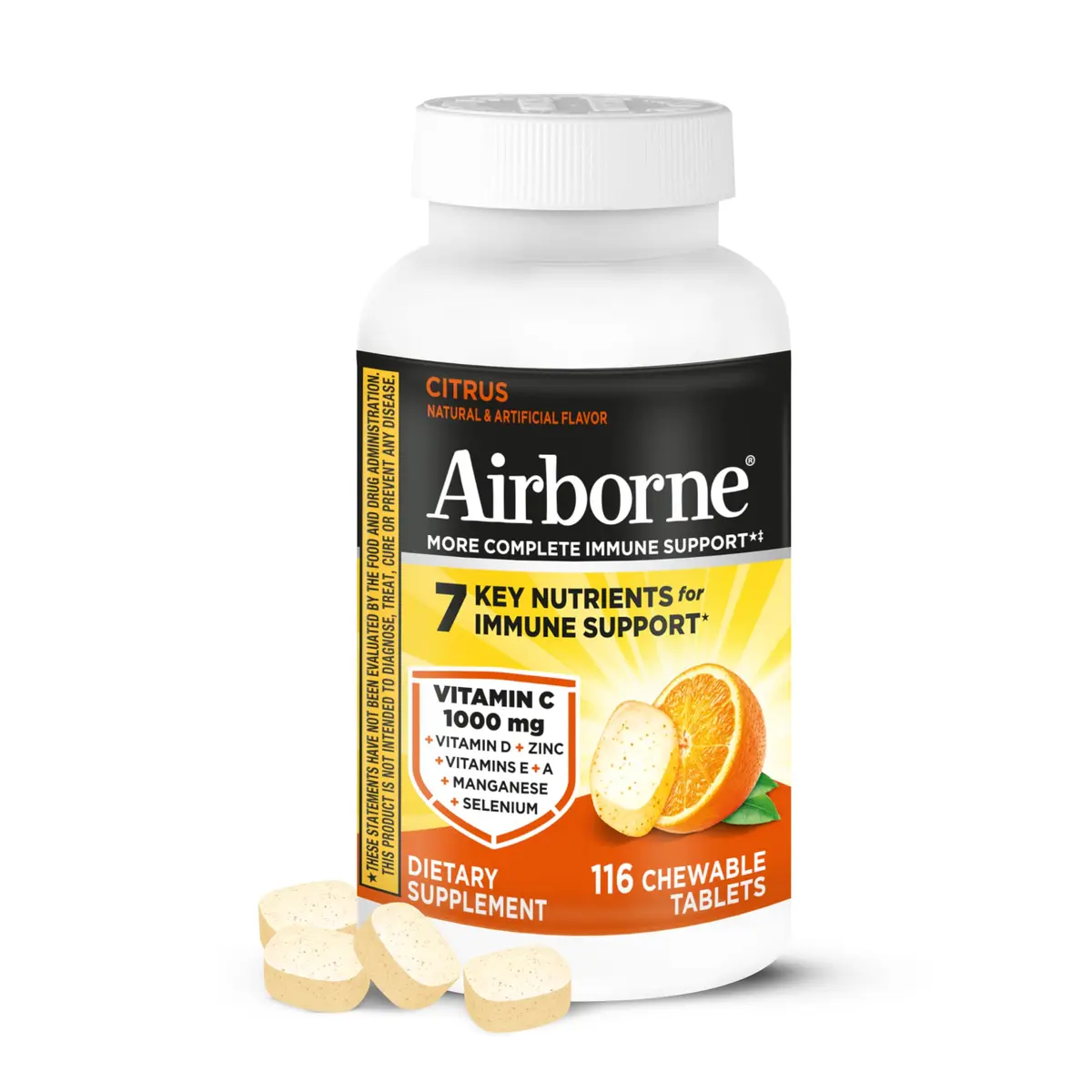 Airborne Citrus Chewable Tablets 116ct | Immune Support with 1000mg Vitamin C & Herbal Blend - main product image
