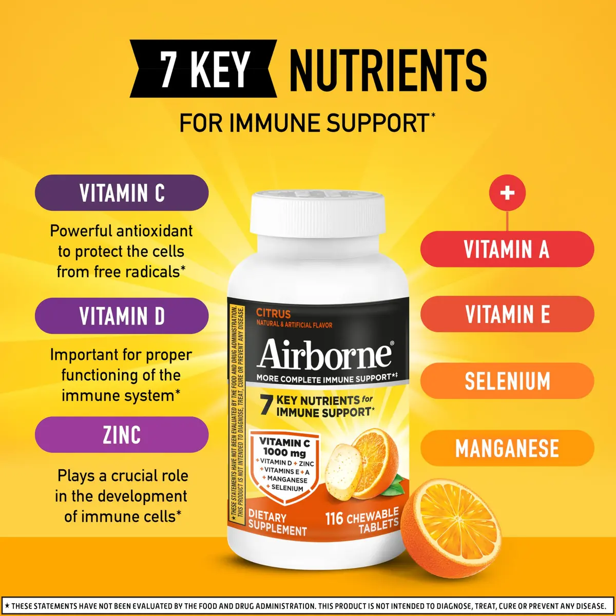 Airborne Citrus Chewable Tablets 116ct | Immune Support with 1000mg Vitamin C & Herbal Blend - view 3