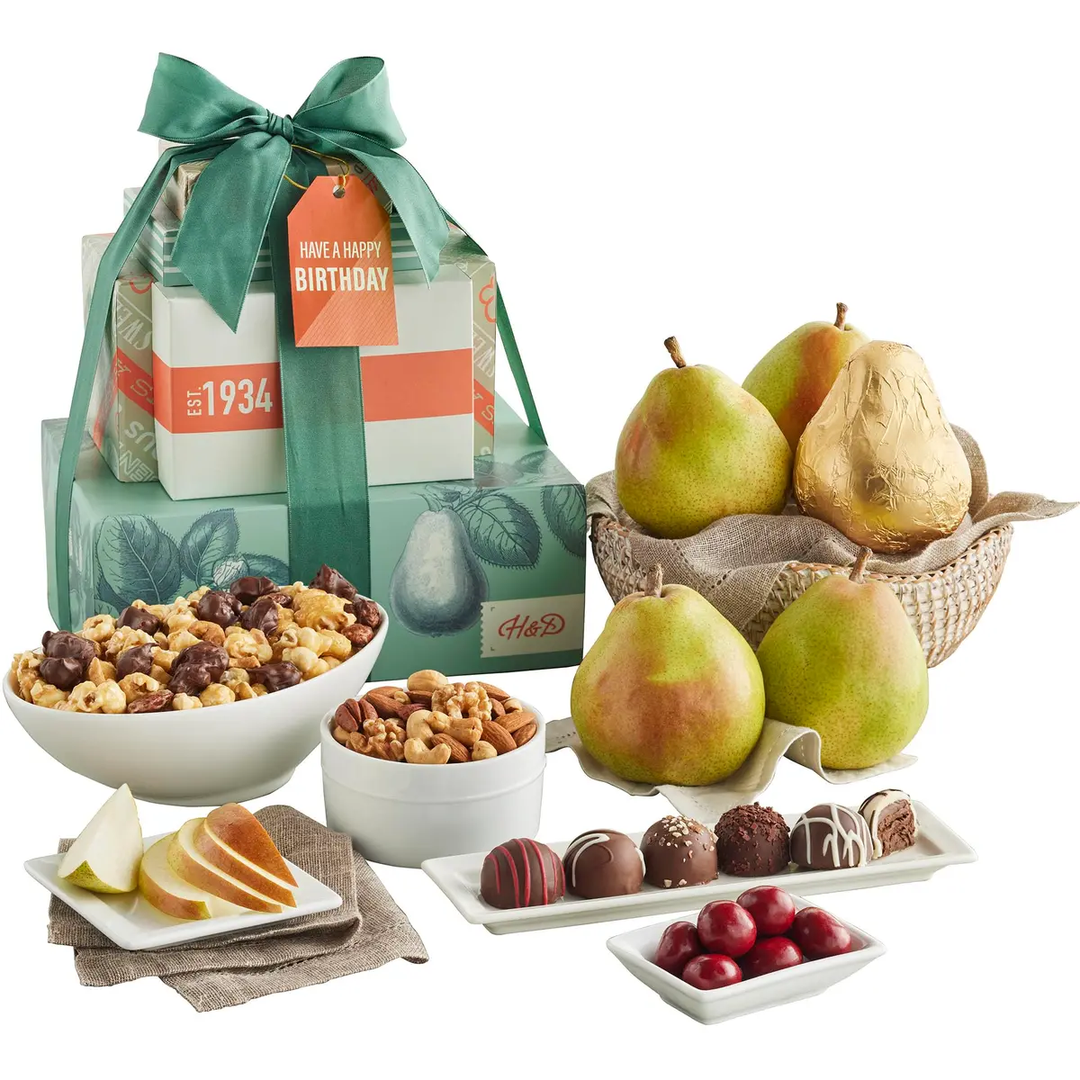 Harry & David Birthday Gift Tower | Assorted Gourmet Treats & Pears (2 lb 3 oz) | Perfect for Celebrations - main product image