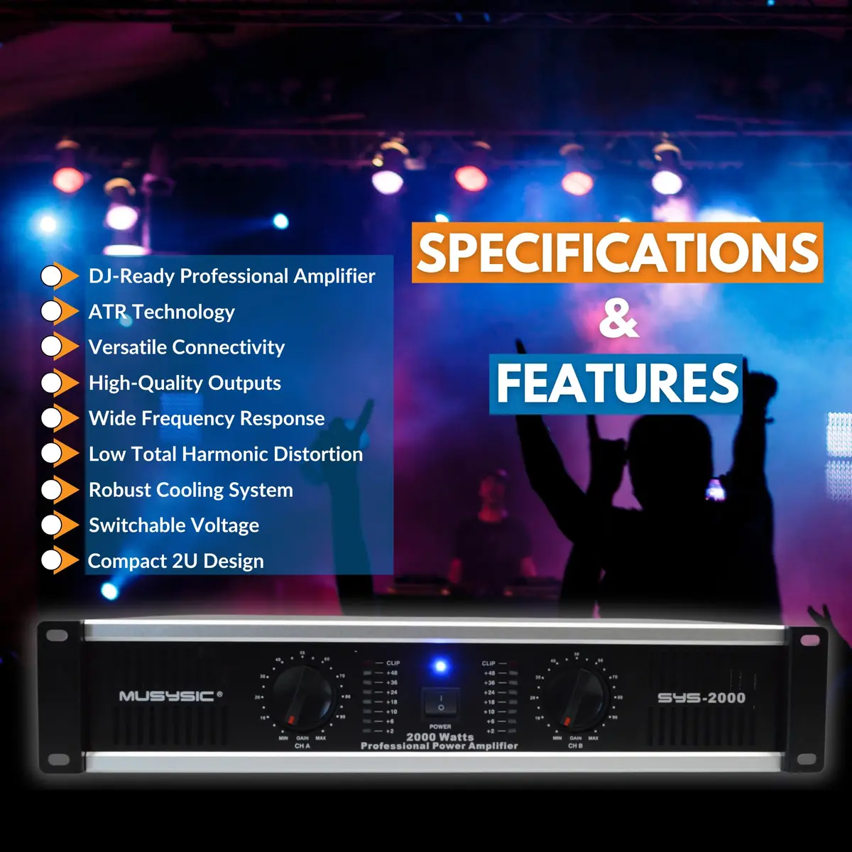 MUSYSIC Power Amplifier 2000 Watts | 2 Channel PA Amplifier for Speakers in India - view 7