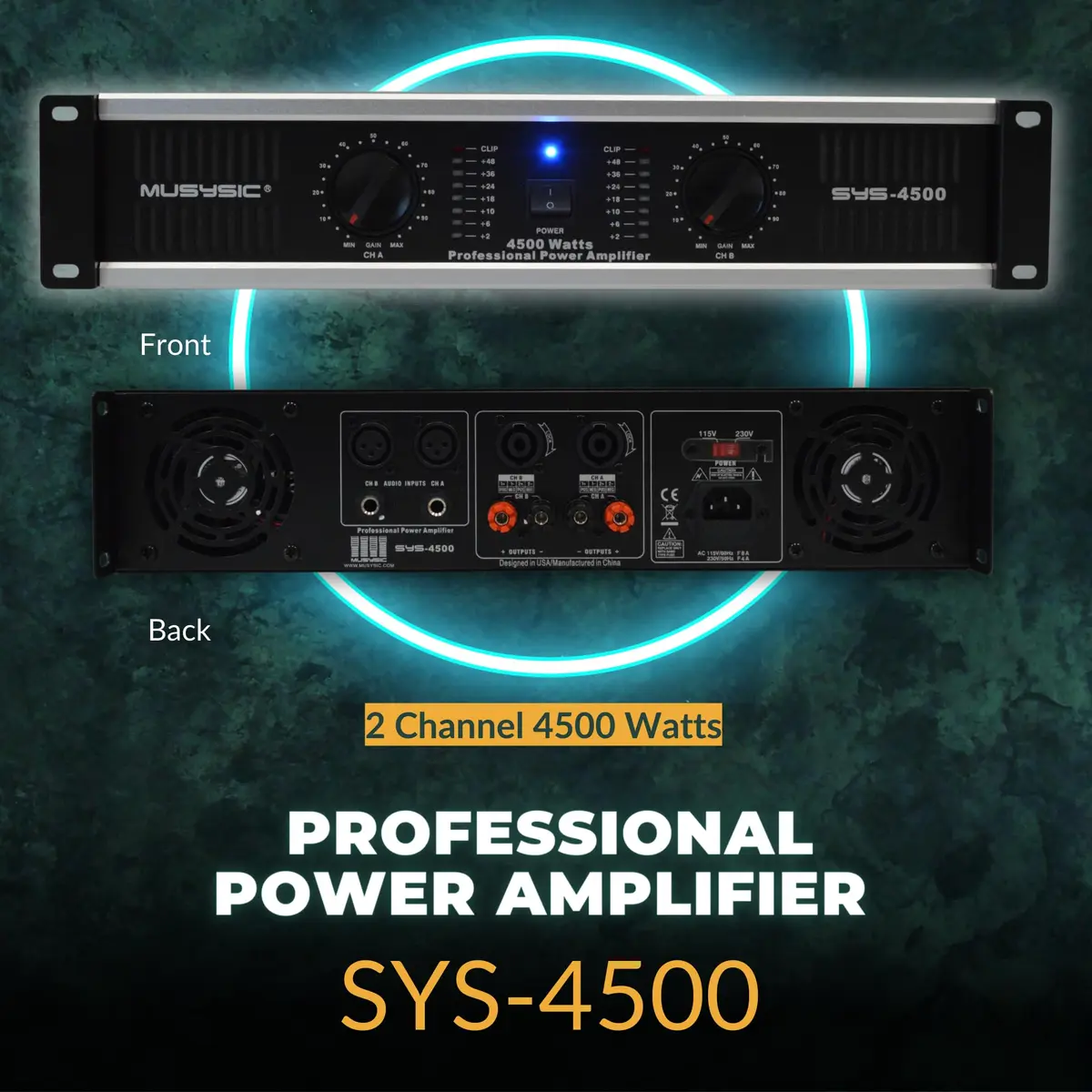 MUSYSIC Professional Power Amplifier 2 Channel 4500W | 2200W at 2Ω, 1100W at 4Ω, 550W at 8Ω, Rack Mount - view 3