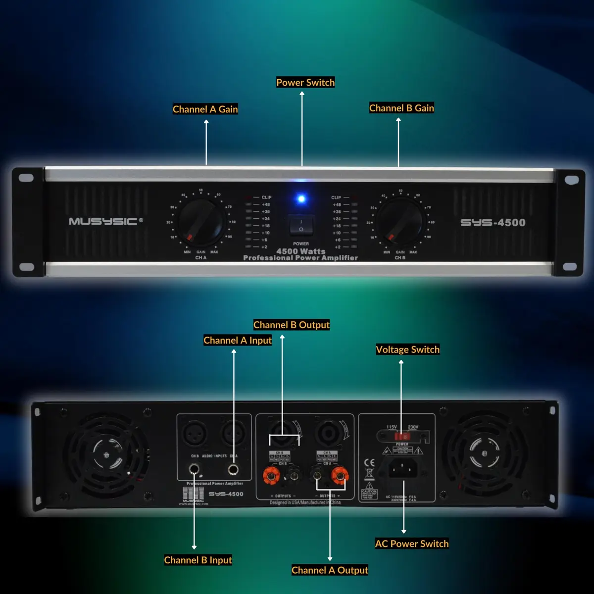 MUSYSIC Professional Power Amplifier 2 Channel 4500W | 2200W at 2Ω, 1100W at 4Ω, 550W at 8Ω, Rack Mount - view 4