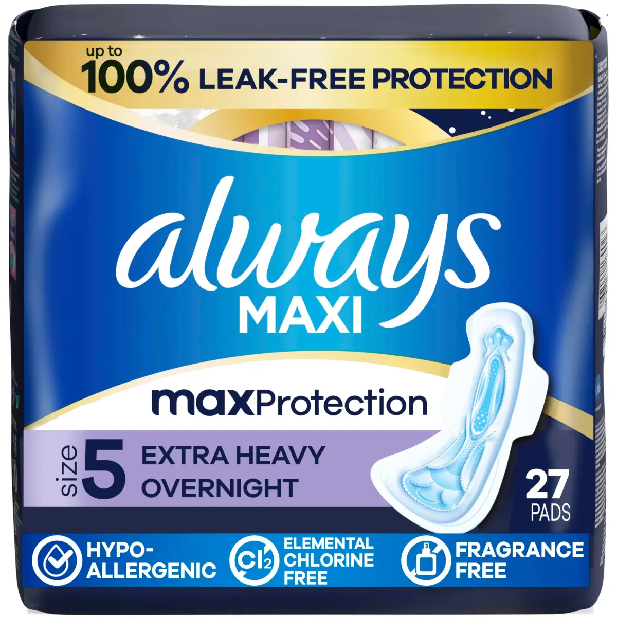Always Maxi Overnight Feminine Pads with Wings, Size 5, Extra Heavy Absorbency, Unscented, 27 Count | Reliable Overnight Protection That Actually Works - main product image