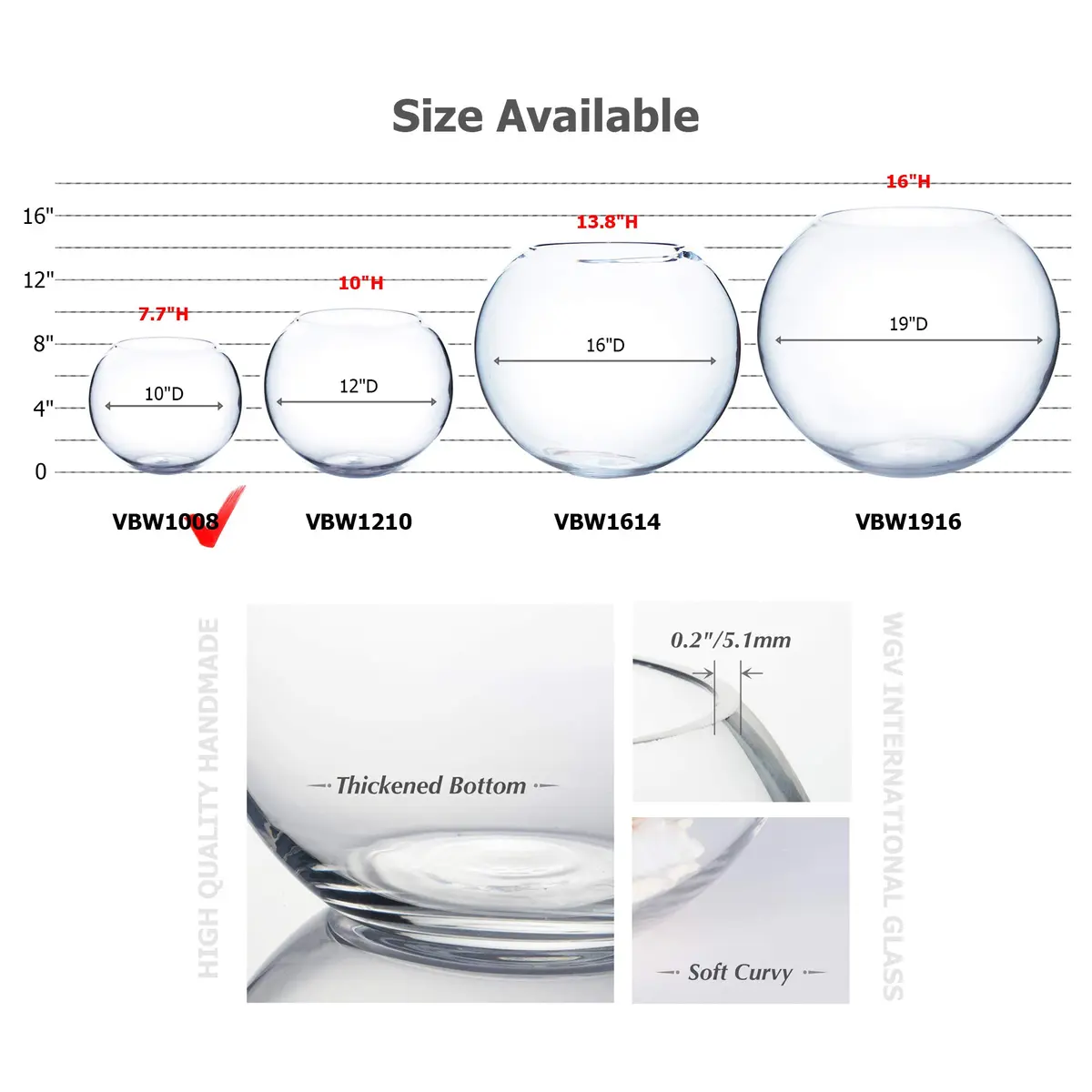 WGVI Large Glass Bubble Vase 23cm (9"D) | Handcrafted Clear Decorative Bowl for Home & Events - view 3