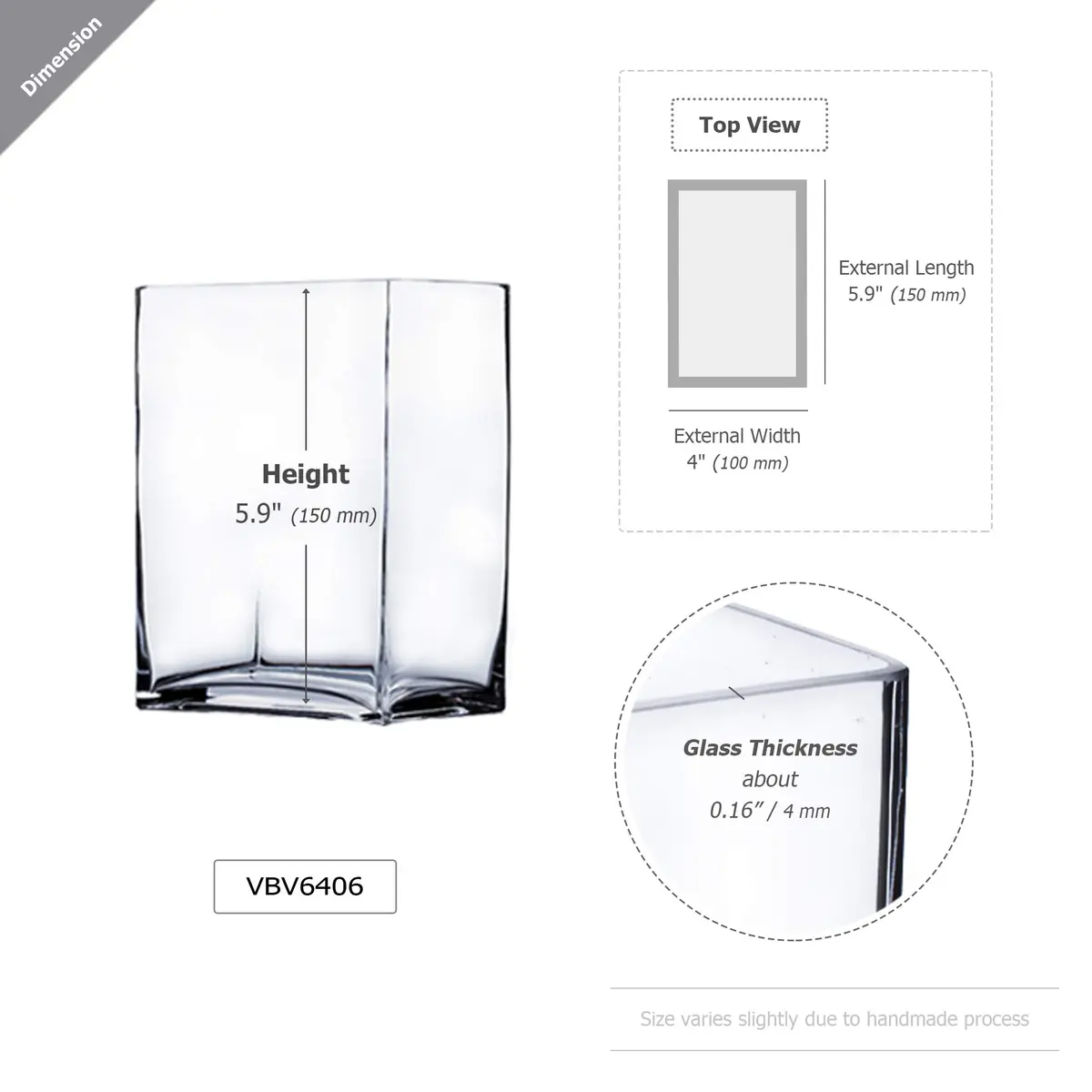 WGVI Rectangle Block Vase 6" x 4" x 6" Clear Glass Home Decor - view 2
