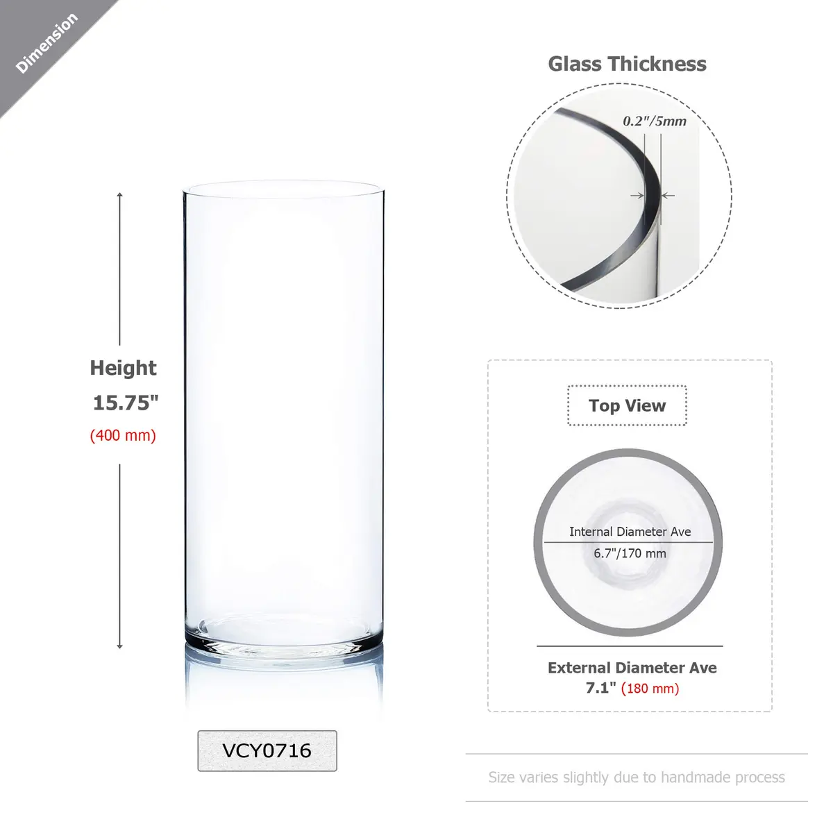 WGVI Clear Cylinder Glass Vase 18 cm (7") x 40 cm (15.75") | Large Diameter Floral Container for Weddings & Home Decor - view 2