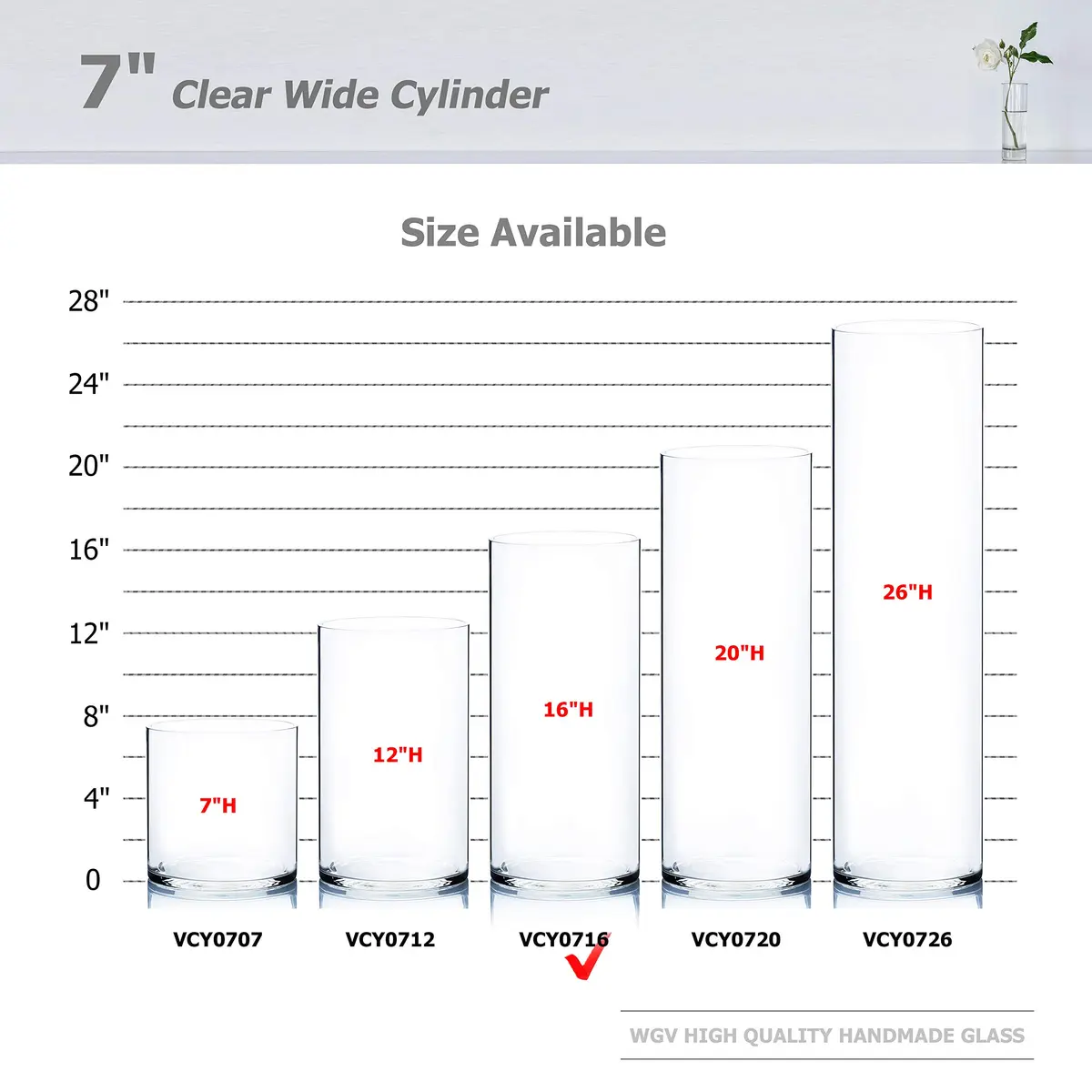 WGVI Clear Cylinder Glass Vase 18 cm (7") x 40 cm (15.75") | Large Diameter Floral Container for Weddings & Home Decor - view 3