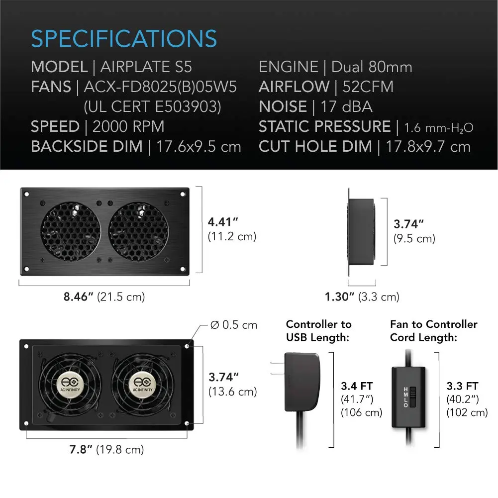 AC Infinity AIRPLATE S5 Cabinet Cooling Fan 8" (20.3 cm) with Speed Controller | 52 CFM, 18 dBa, Dual Ball Bearings - view 6