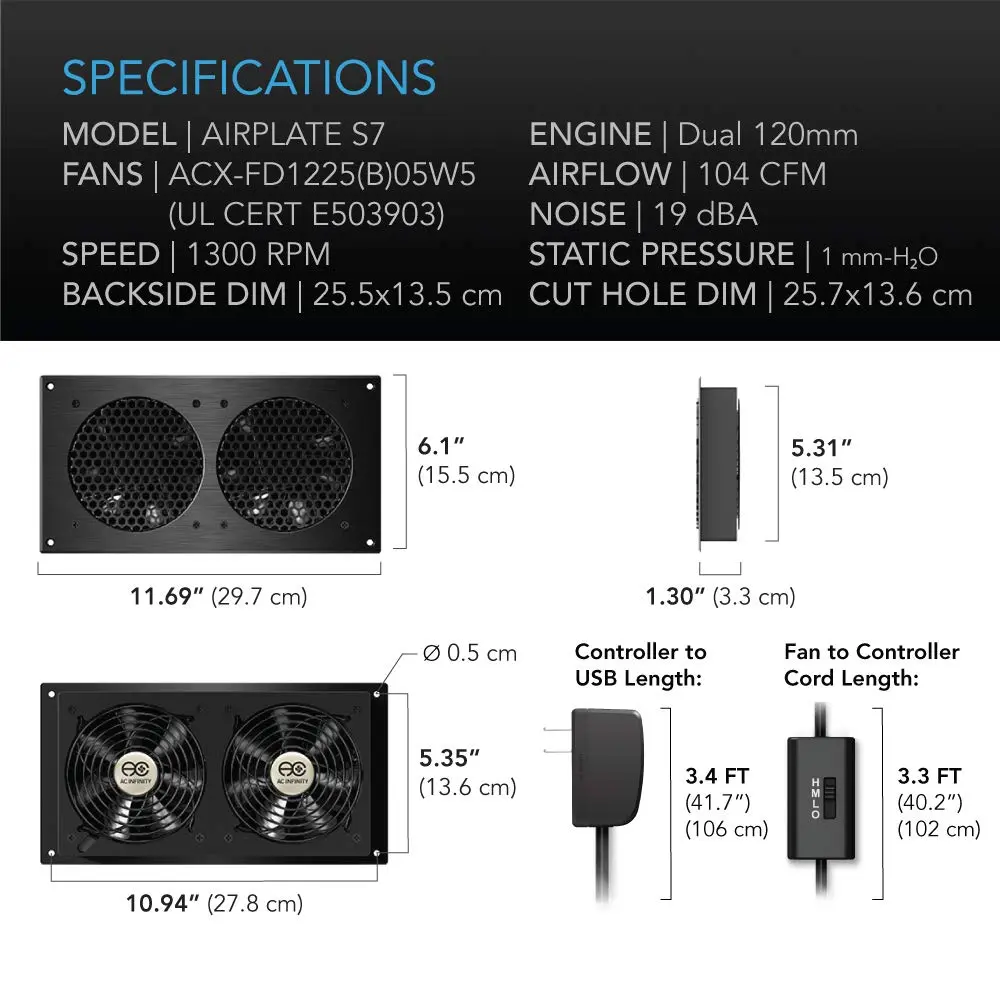 AC Infinity AIRPLATE S7 Quiet Cabinet Cooling Fan 12" (30.7 cm) with Speed Controller | 104 CFM Airflow, 19 dBA Noise, Dual Ball Bearings - view 5