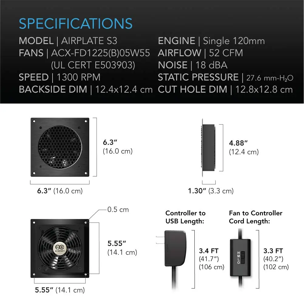 AC Infinity AIRPLATE S3 6-Inch Quiet Cabinet Cooling Fan w/ Speed Controller - view 6