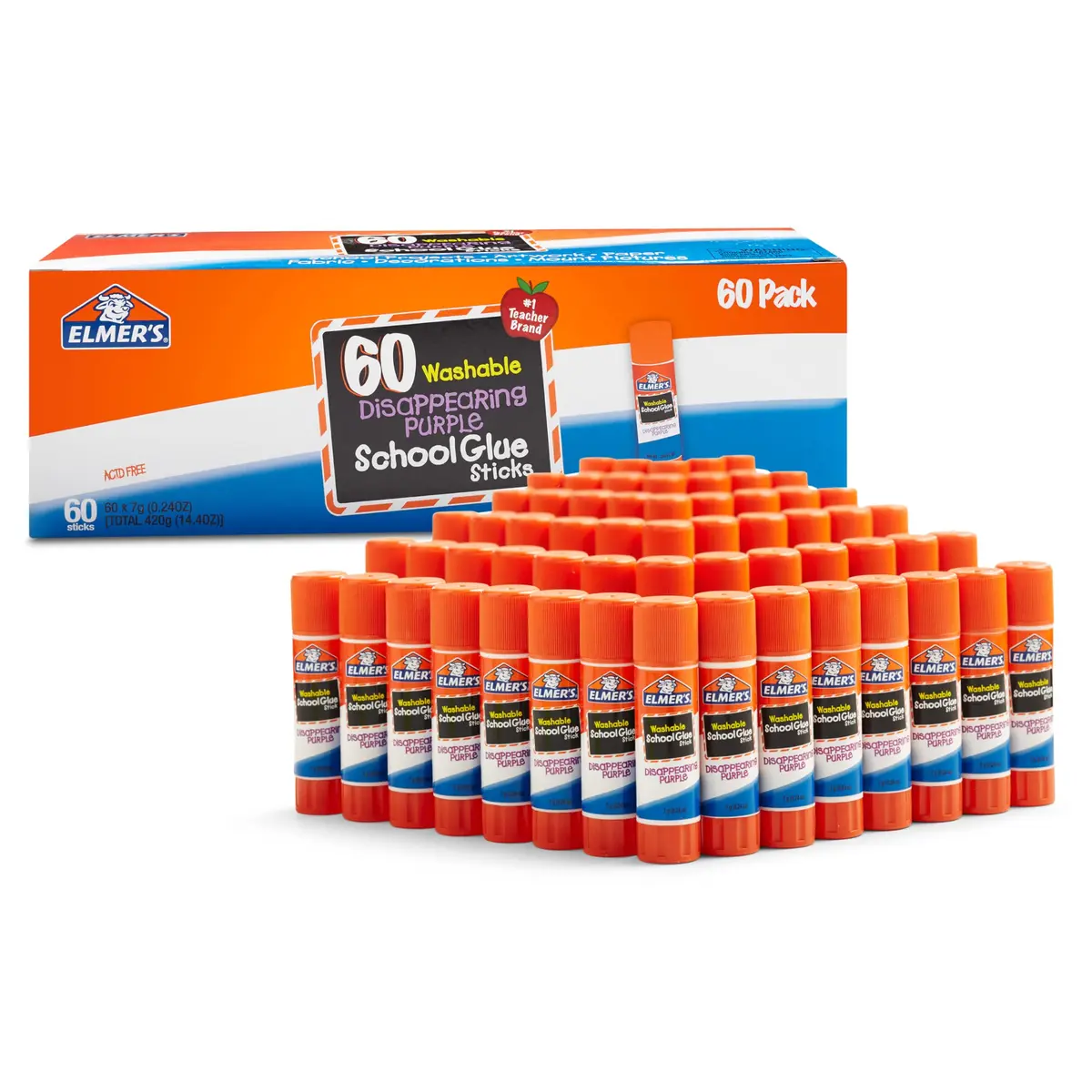Elmer's Disappearing Purple School Glue Sticks, Washable, 7g Each, 60 Count | Non-Toxic Classroom Pack - main product image
