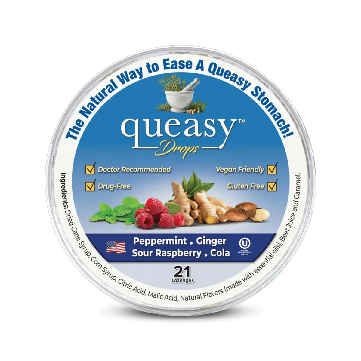 Three Lollies Queasy Drops 21 ct | Natural Nausea Relief for Travel & Chemotherapy Support - main product image