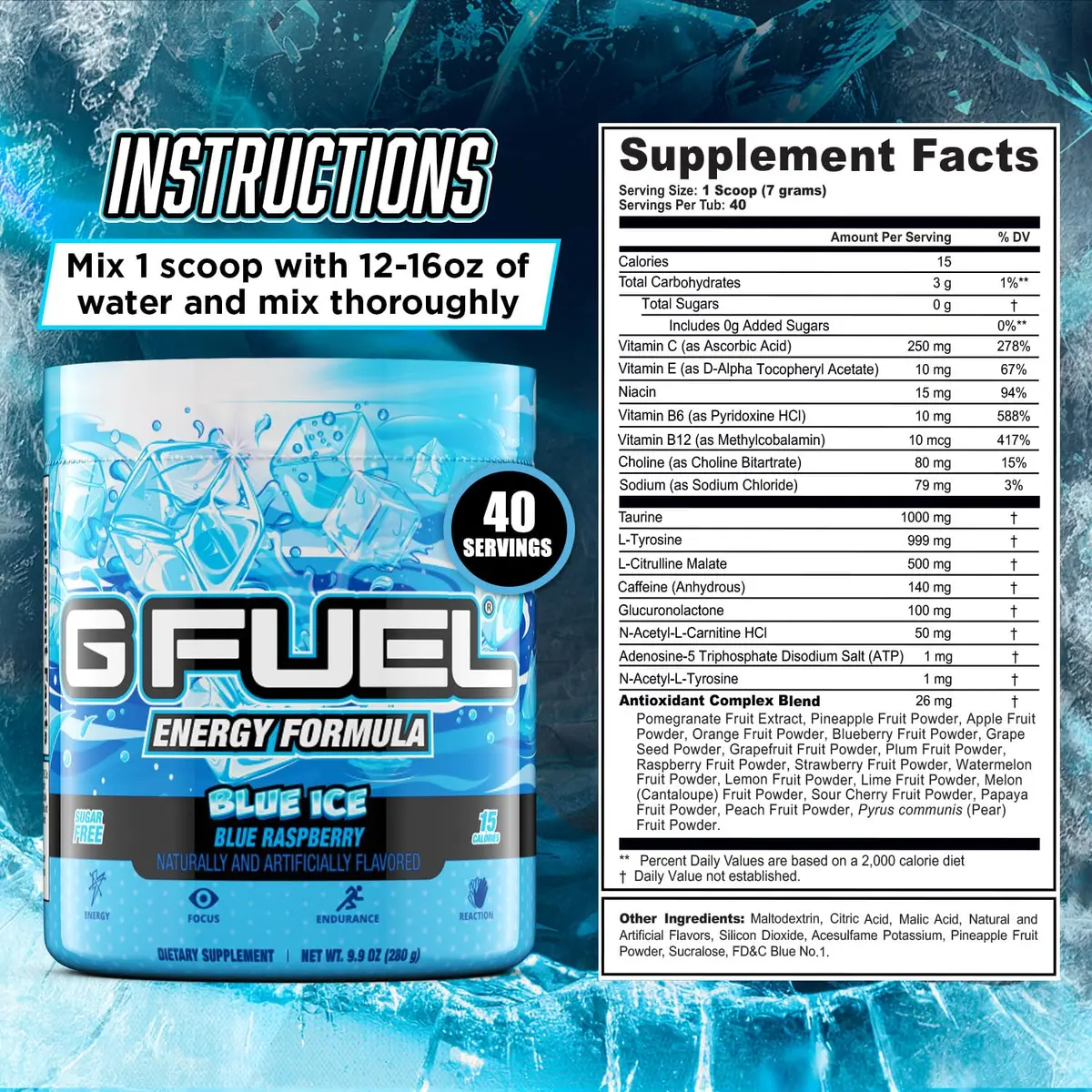 G Fuel Blue Ice Energy Drink Powder, 9.8kg (40 Servings) | Sugar Free Focus Amino with Antioxidants - view 3