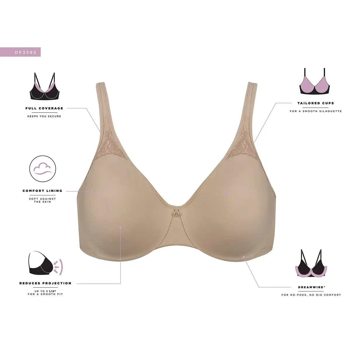 Bali Passion For Comfort Minimizer Underwire Bra, Silver Lace Print, 36DDD | Seamless Support & No Bulge - view 4