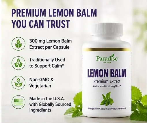 Paradise Herbs & Essentials Lemon Balm Extract, Vegan, 60 Capsules | Supports Calm & Relaxation - view 3