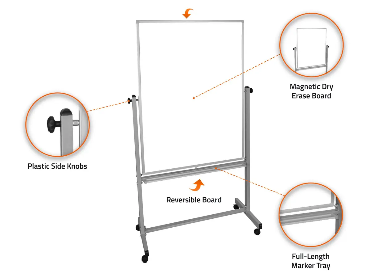 Luxor MB3648WW Mobile Whiteboard 36" x 48" Double Sided Magnetic Dry Erase Board with Stand, Aluminum Frame, Rolling Whiteboard, White - view 3