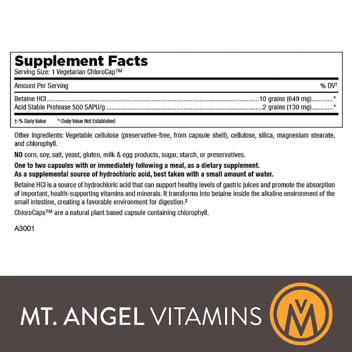 Mt. Angel Vitamins Hydrochloric Acid Betaine 100 Vegetarian Chlorocaps Supports Healthy Digestion & Gastric Juices - view 3