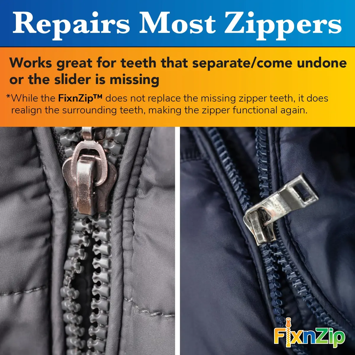 FixnZip Large Nickel Zipper Repair Kit | Universal Replacement Slider for Jackets, Bags & Wet Suits - view 6