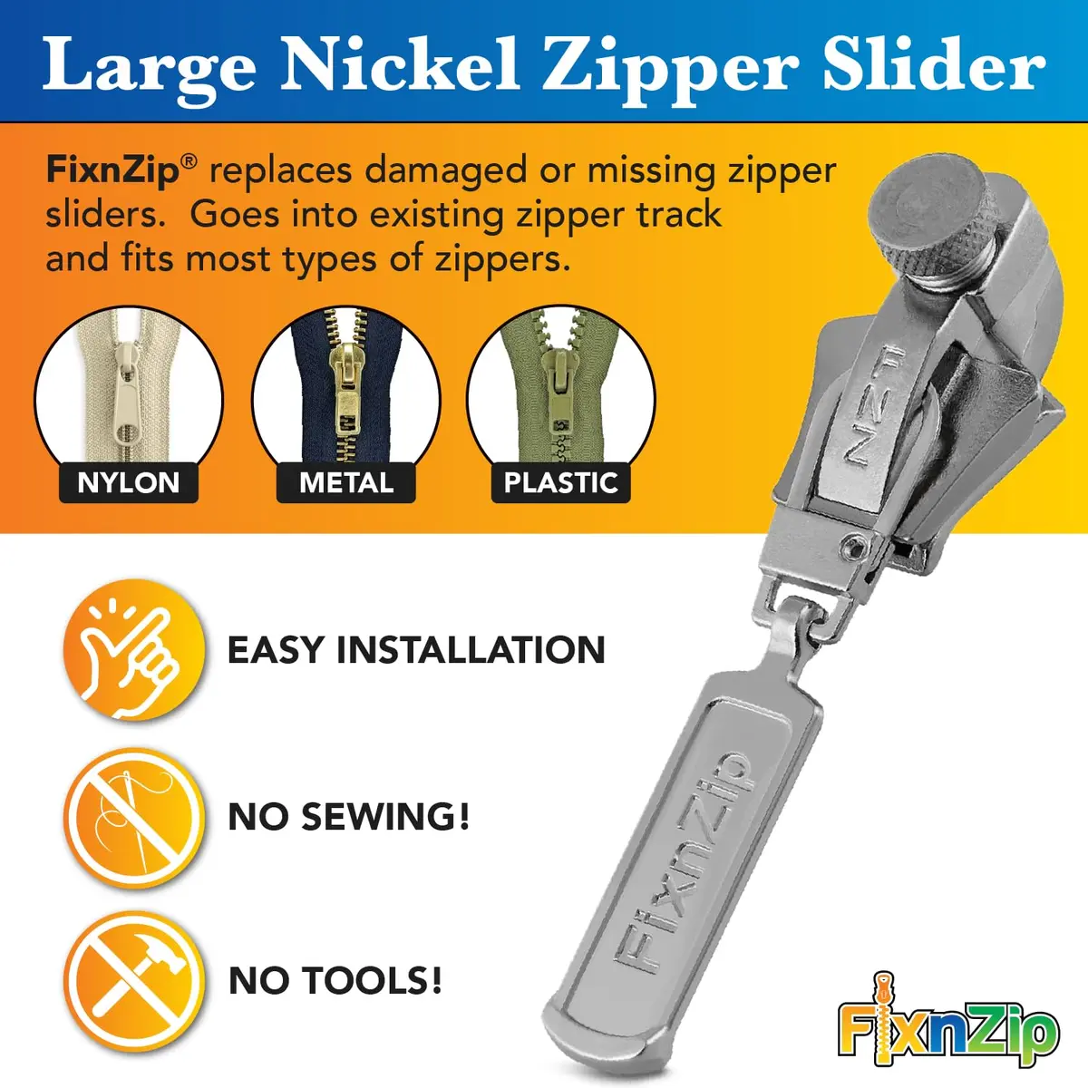 FixnZip Large Nickel Zipper Repair Kit | Universal Replacement Slider for Jackets, Bags & Wet Suits - view 2