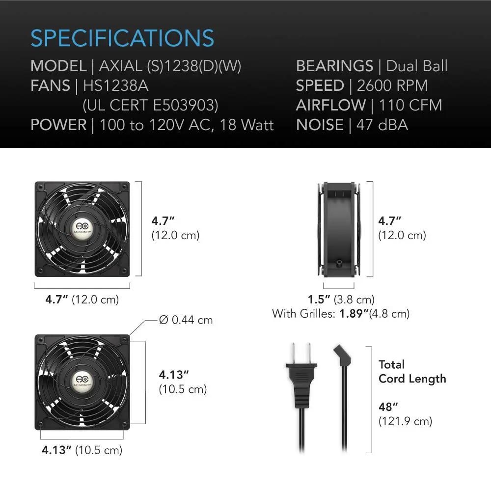 AC Infinity AXIAL 1238 Muffin Fan 120mm x 38mm High Speed | 115V/120V AC for DIY Ventilation Projects - view 6