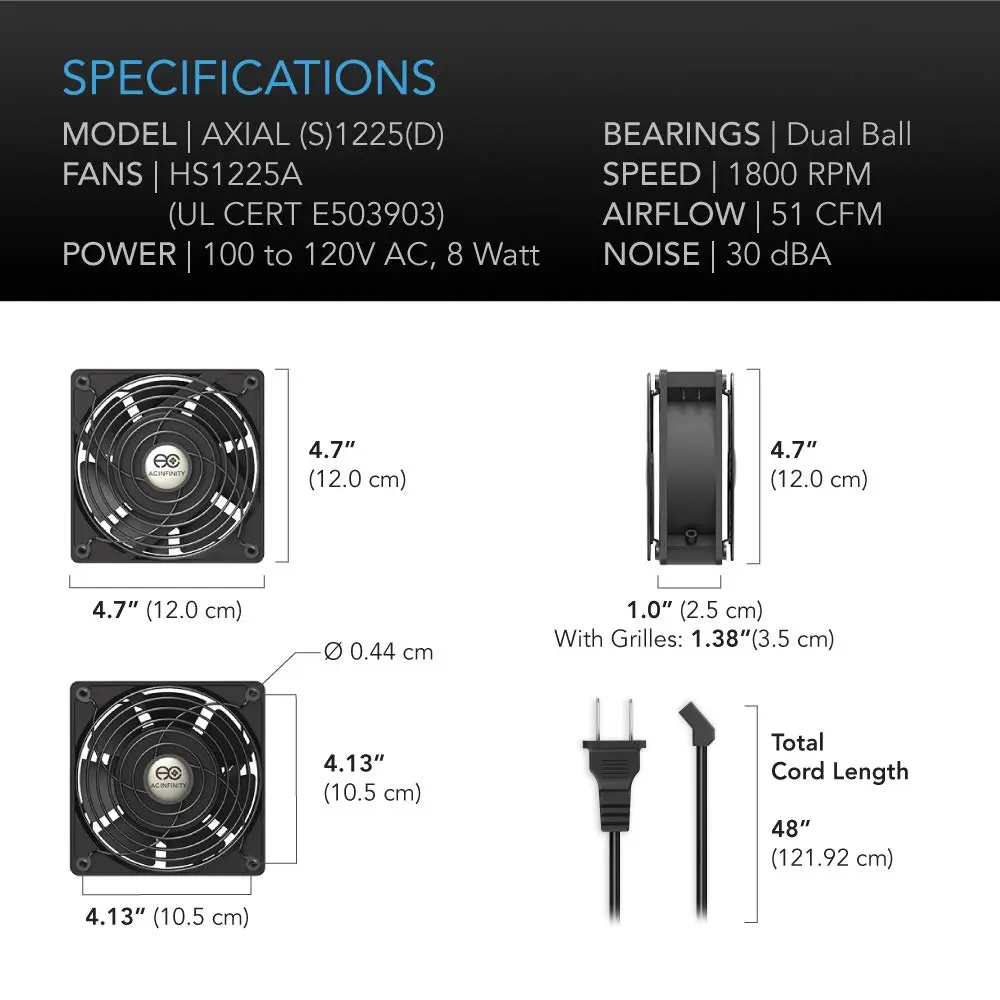 AC Infinity AXIAL 1225 Quiet Muffin Fan 120V AC 120mm x 25mm | Low Noise Cooling Fan - view 6