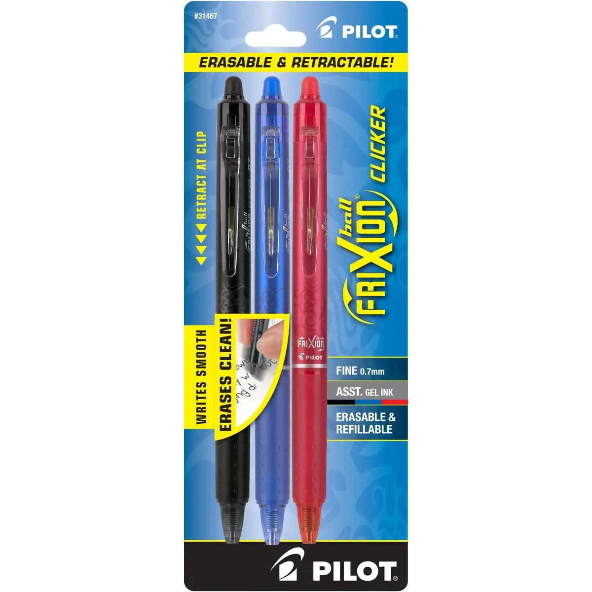PILOT FriXion Clicker Erasable Pens, Black/Blue/Red Inks, 3-Pack | Smooth Ink Flow Writing Instrument - main product image