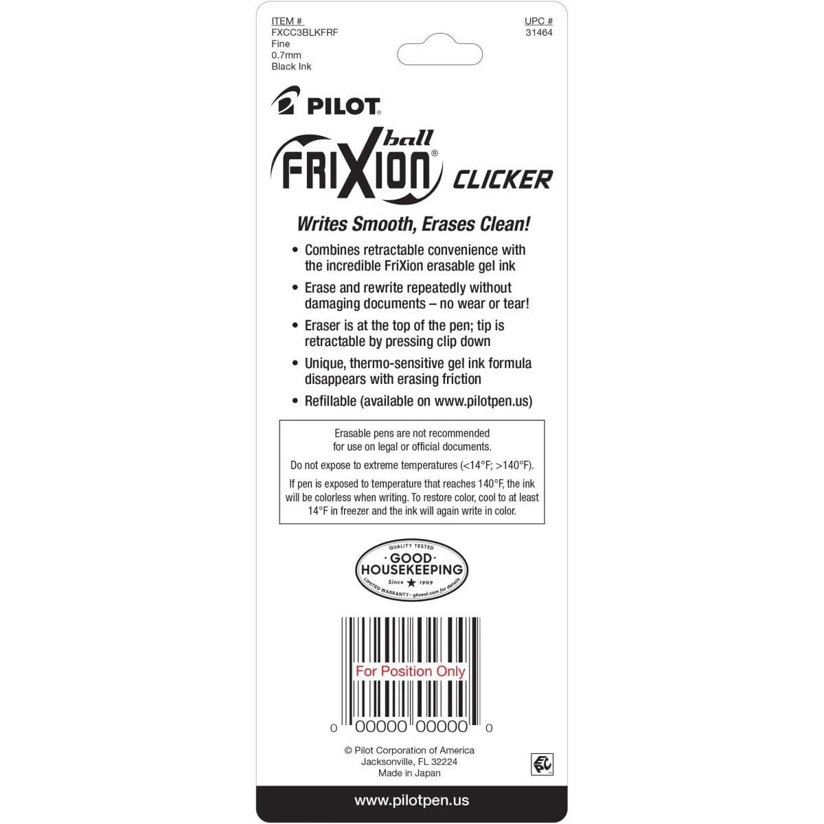 PILOT FriXion Clicker Erasable Pens, Fine Point 0.7mm, Black Ink, 3-Pack | Smooth Writing Gel Pens for Students & Office - view 3