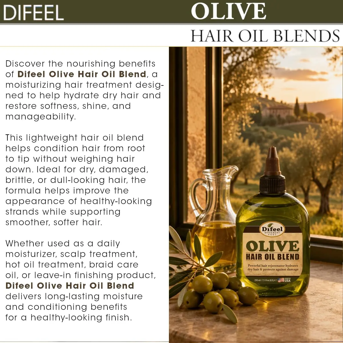 Difeel Olive Hair Oil Blend 74ml (2.5 Fl Oz) | Hydrates Dry Hair - view 4