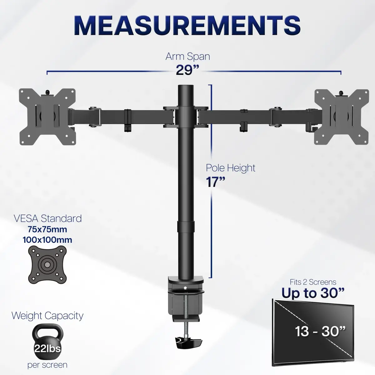 VIVO Dual Monitor Desk Mount STAND-V002 | Heavy Duty Steel Stand for 2 Screens up to 30" & 22lbs Each, Black - view 5