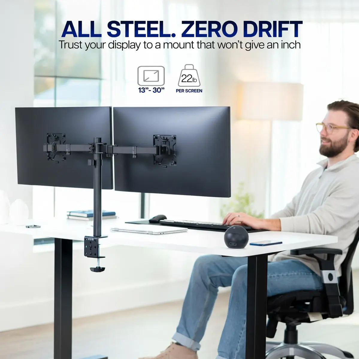 VIVO Dual Monitor Desk Mount STAND-V002 | Heavy Duty Steel Stand for 2 Screens up to 30" & 22lbs Each, Black - view 2