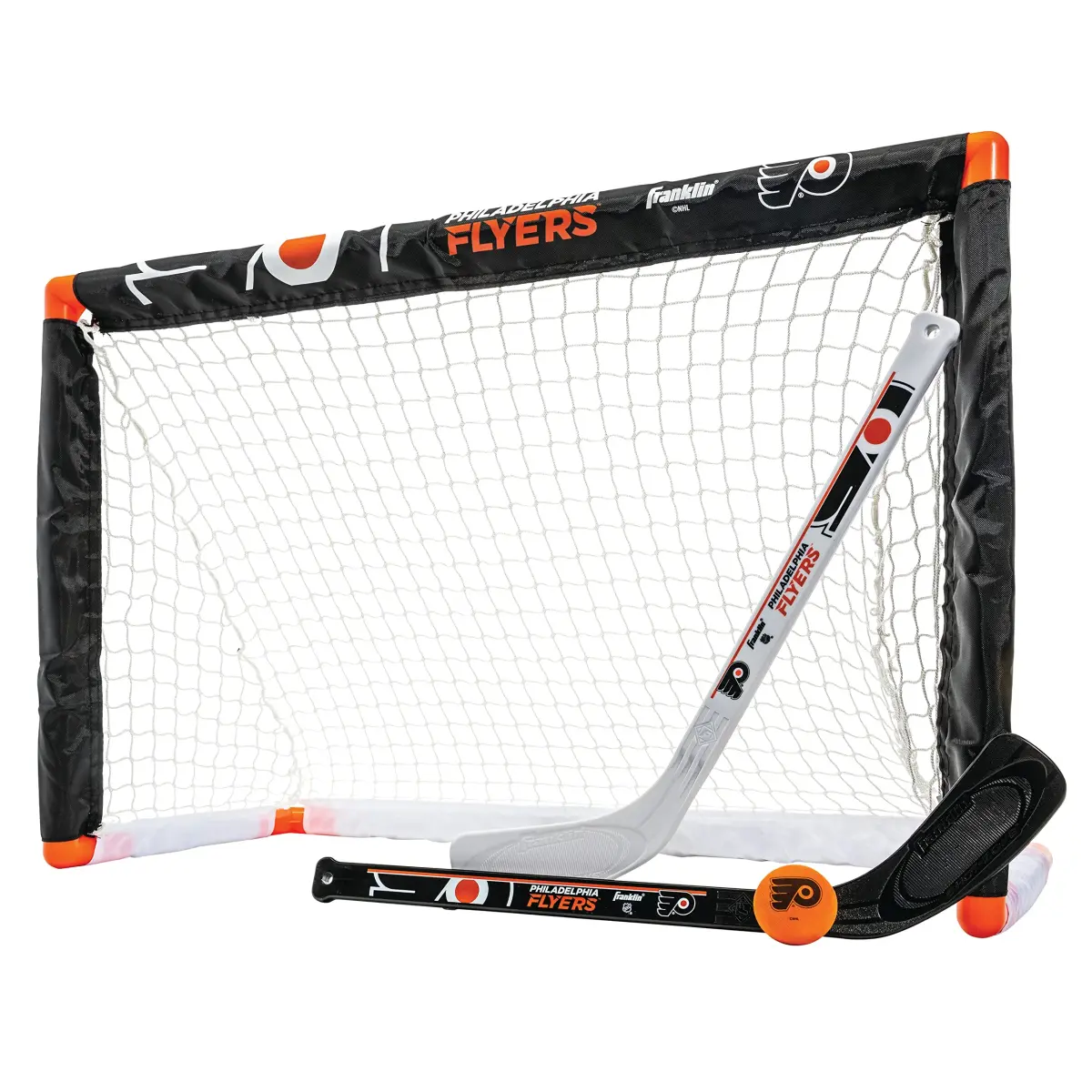 Franklin Sports NHL Philadelphia Flyers Mini Hockey Goal + Stick Set | Ages 3+ Indoor Knee Hockey - main product image