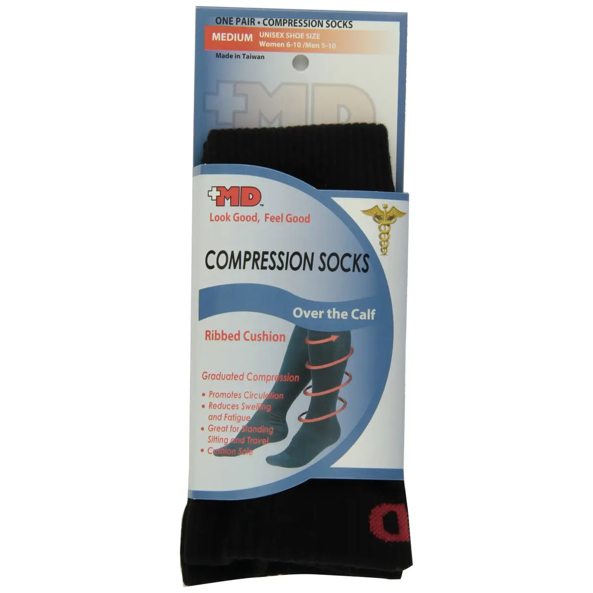 MD USA Ribbed Cotton Compression Socks with Cushion, Black, Medium | Graduated Compression Support for Circulation - main product image