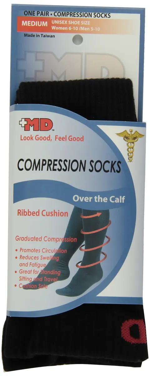 MD USA Ribbed Cotton Compression Socks with Cushion, Black, Medium | Graduated Compression Support for Circulation - main product image