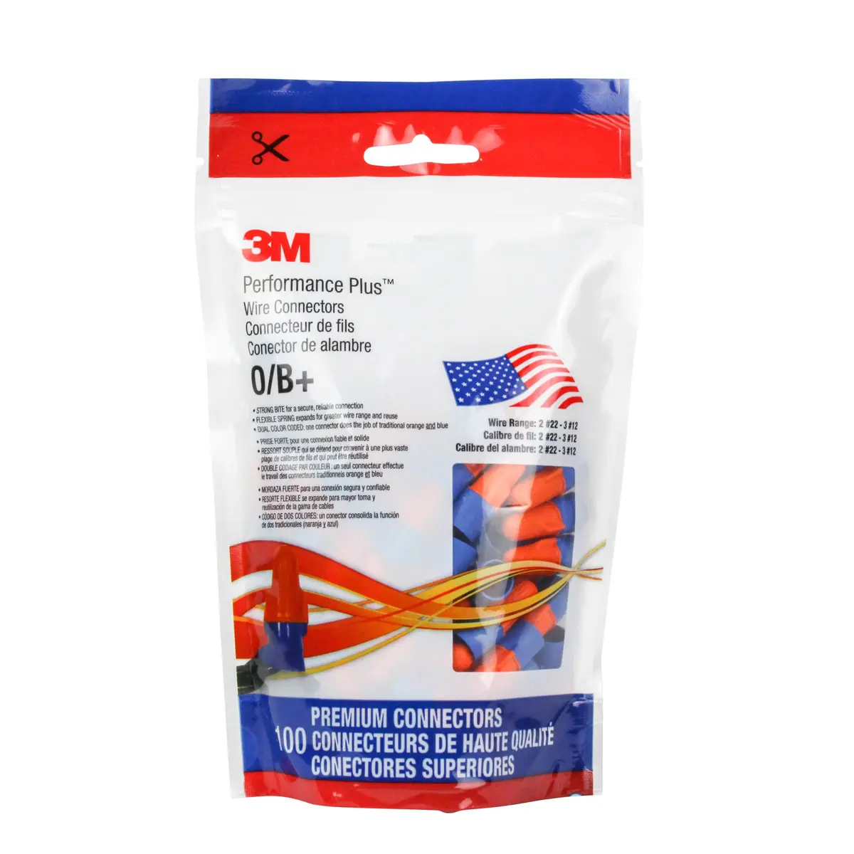 3M Performance Plus Wire Connector, O/B+ Pouch, 22-12 AWG | UL Listed, CSA Certified, Orange/Blue - main product image