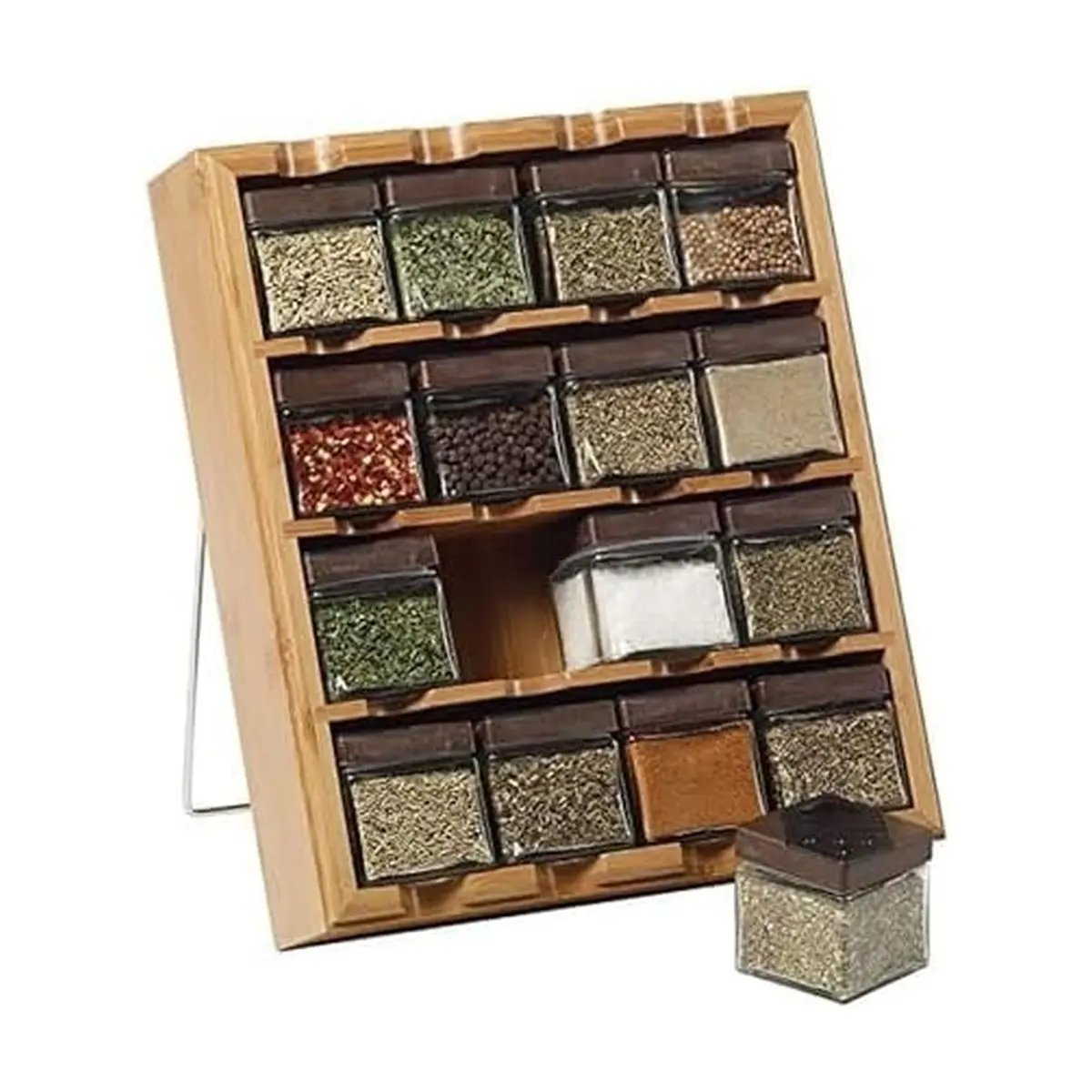Kamenstein 16 Jar Bamboo Spice Organizer with Spices | 36.8 cm x 27.3 cm x 7 cm (14.5 in x 10.75 in x 2.75 in) - main product image