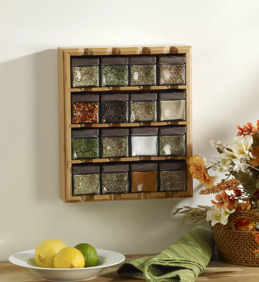 Kamenstein 16 Jar Bamboo Spice Organizer with Spices | 36.8 cm x 27.3 cm x 7 cm (14.5 in x 10.75 in x 2.75 in) - view 2