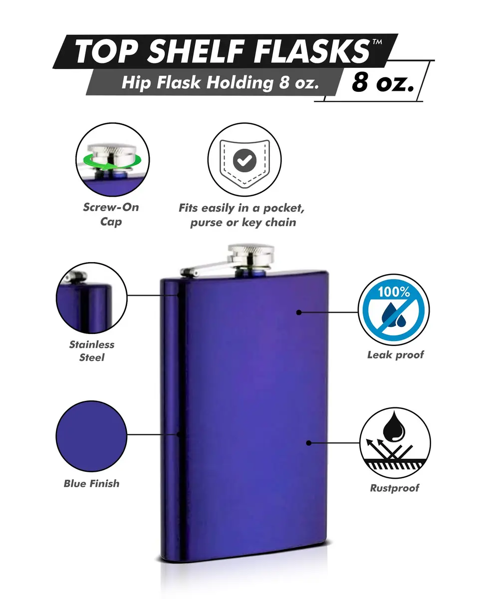 Top Shelf Flasks Blue 8 oz (237 ml) Hip Flask | Leak Proof Stainless Steel for Men - main product image