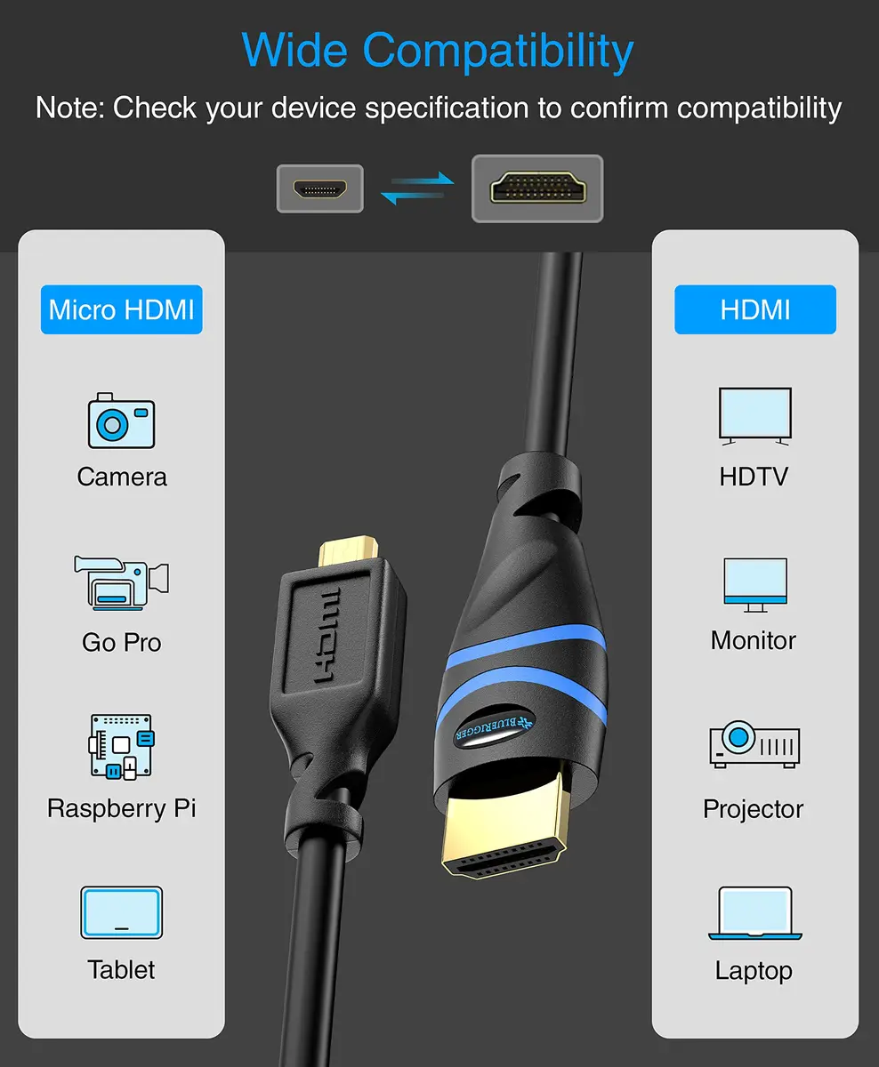 BlueRigger Micro HDMI to HDMI Cable 0.91m (3ft) | 4K@60Hz HDR 18Gbps ARC - view 4
