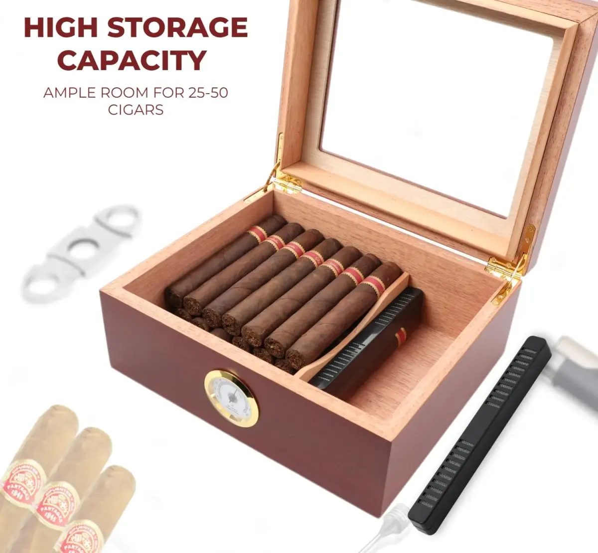Mantello Cigars Premium Humidor for 25-50 Cigars | Cedar Lined Cigar Box with Hygrometer & Humidifier (Mahogany-Analog) - view 6