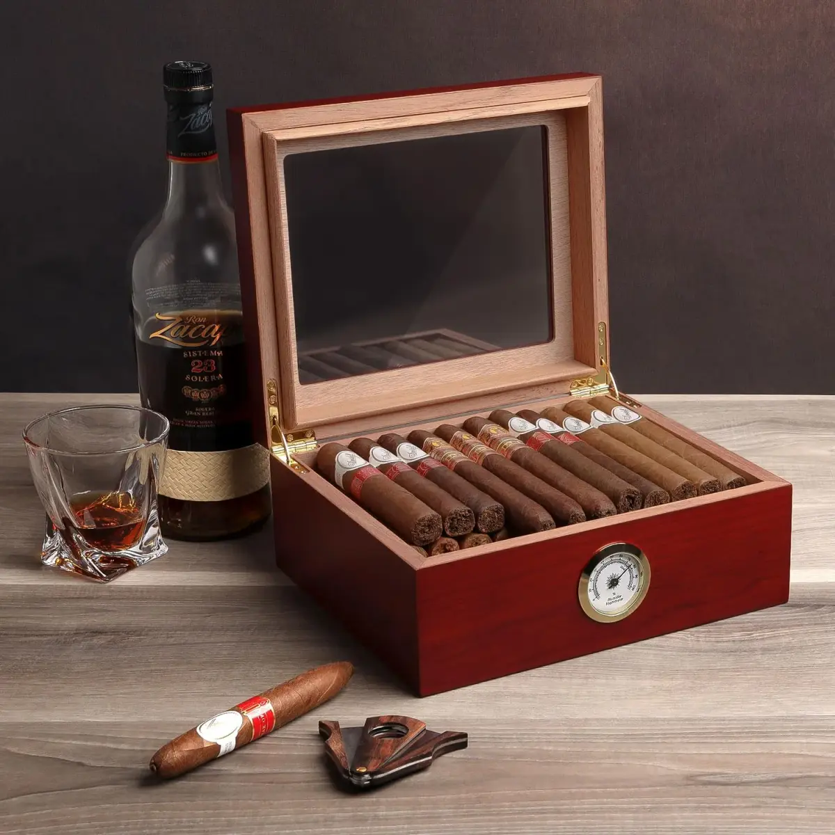 Mantello Cigars Premium Humidor for 25-50 Cigars | Cedar Lined Cigar Box with Hygrometer & Humidifier (Mahogany-Analog) - view 4