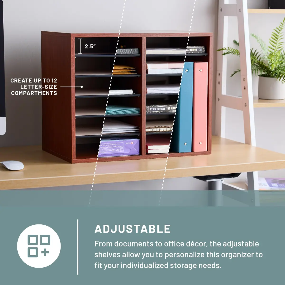 Safco Literature Organizer 12 Compartments | Office & Classroom Mailbox with Adjustable Shelves, Cherry - view 2