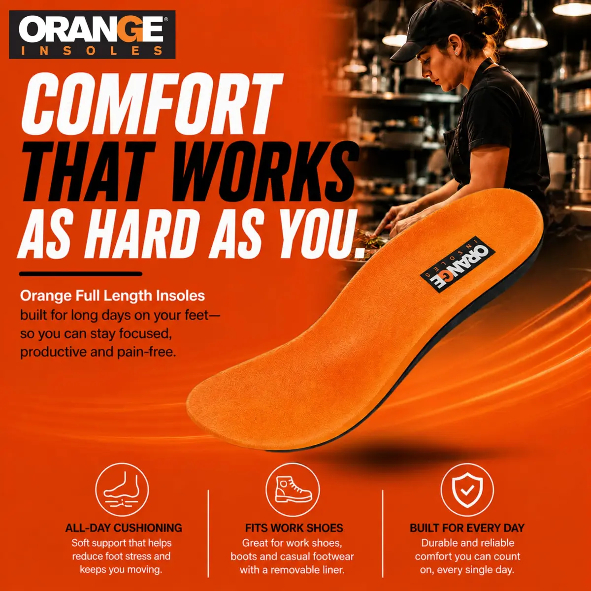 Orange Full Length I Insoles for Men Size 12-12.5 | Orthotic Support for Running & Work - view 7