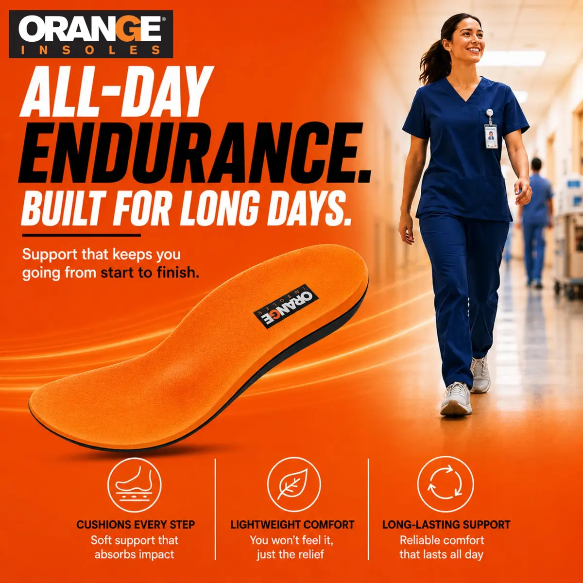Orange Full Length I Insoles for Men Size 12-12.5 | Orthotic Support for Running & Work - view 4