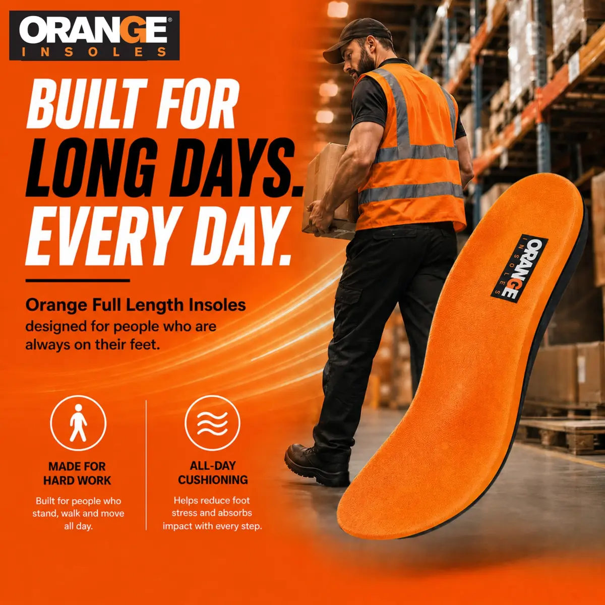 Orange Full Length K Insoles for Men Size 14-14.5 | Orthotic Support for Running & Work Shoes - view 6