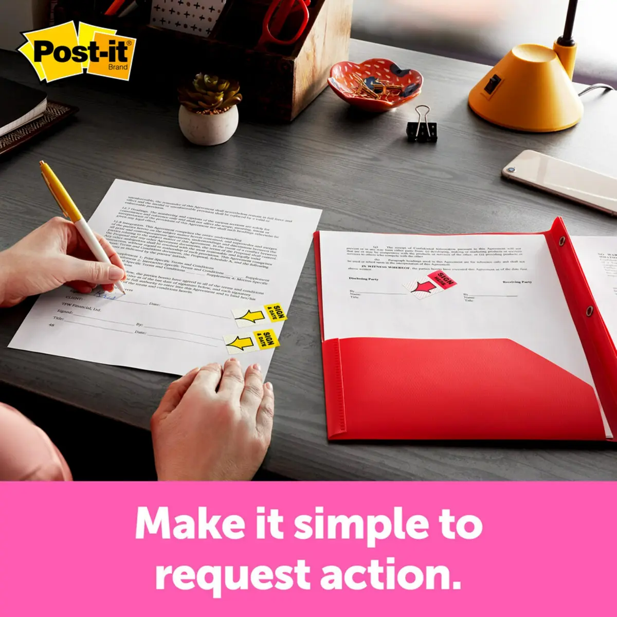 Post-it Flags Sign Here 200/High Volume Desk Grip Dispenser 1 in Wide Yellow | Bright Signage for Signatures & Highlighting - view 2
