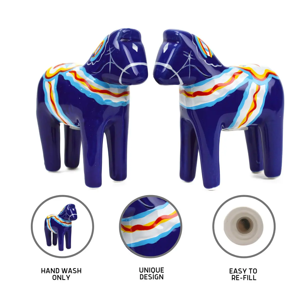 Essence of Europe Gifts Blue Swedish Dala Horse Salt & Pepper Shaker Set | Scandinavian Home Decor 3.25" Ceramic - view 3